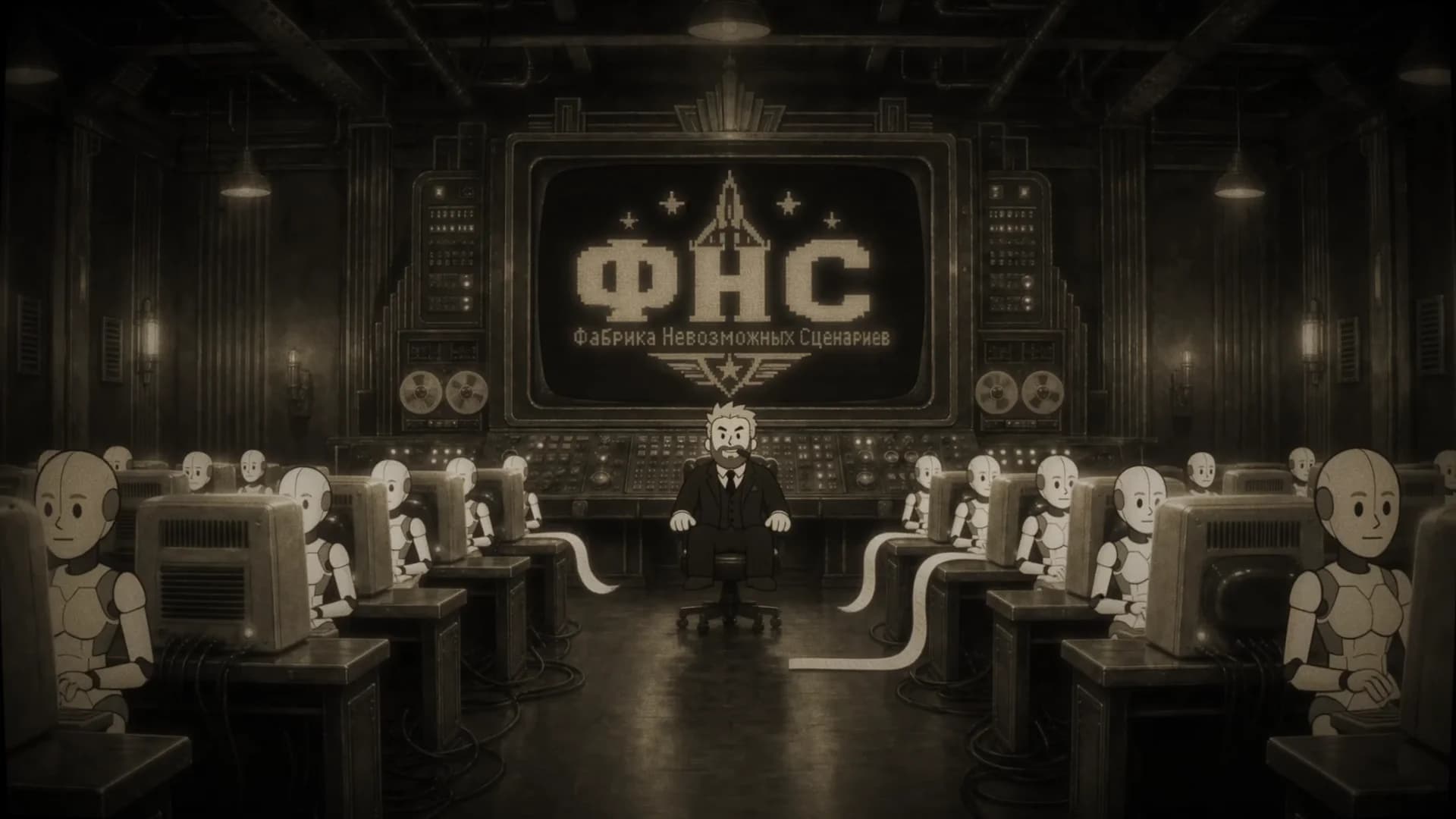 Анимационная заставка ФНС: роботы за пультами управления фабрикой