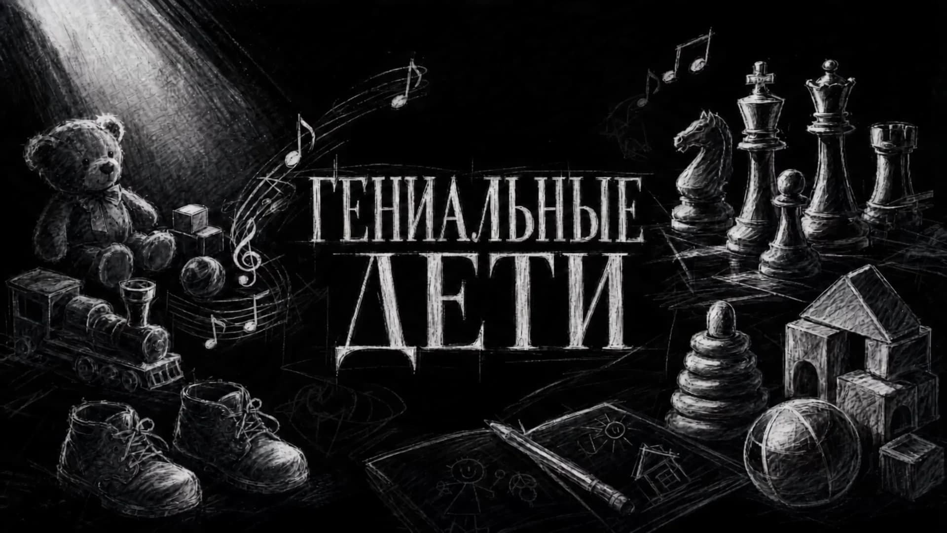 Заставка «Гениальные дети»: игрушки, ноты и шахматные фигуры
